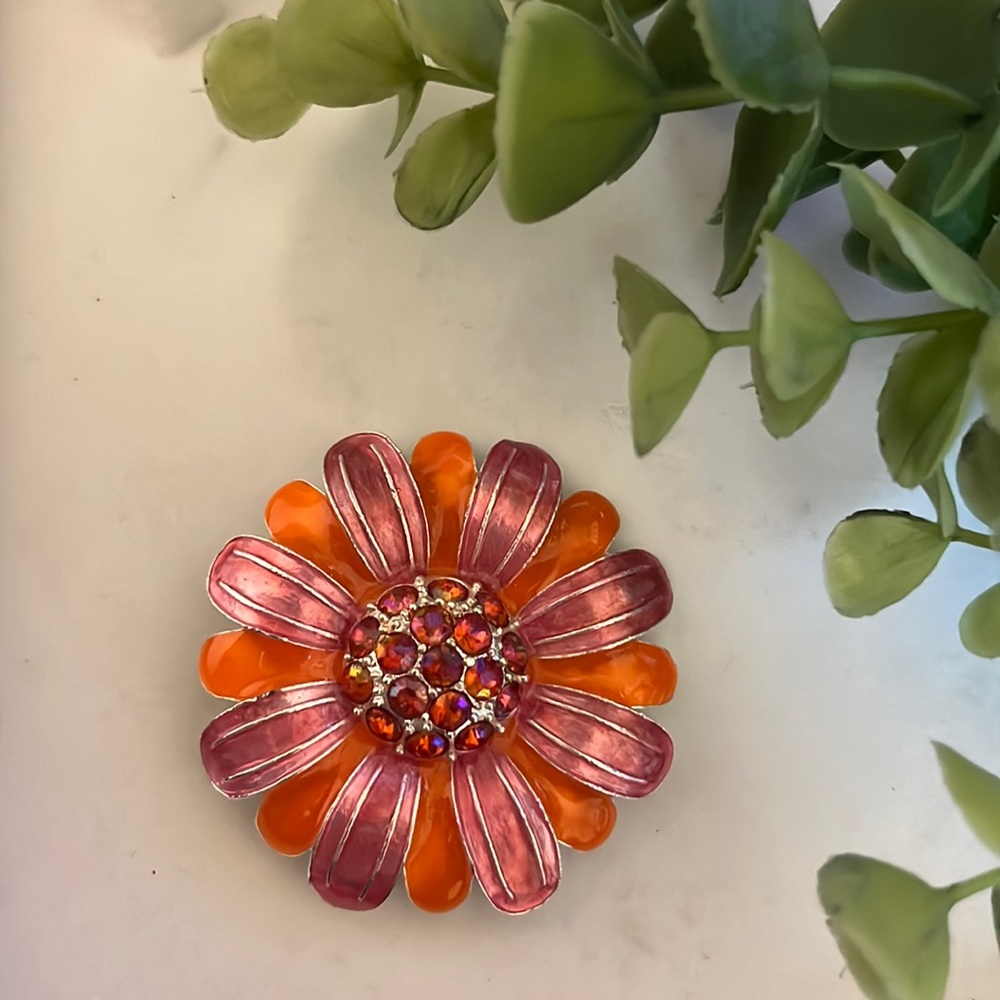 Vintage Avon Flower Brooch/ Orange, Pink and Silver Pin/ Flower Brooch